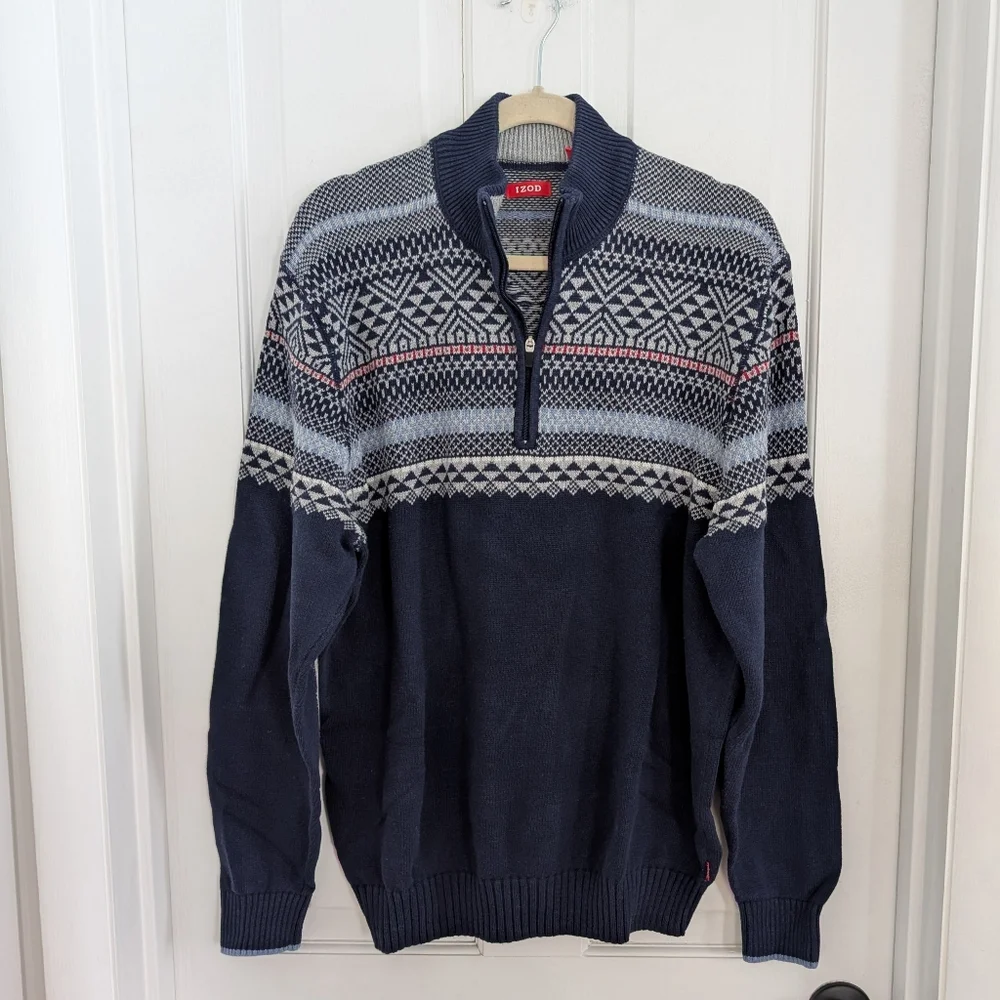 Izod Mens Nordic Fair Isle Sweater XTRA LARGE Preppy Grandpa Elbow Patch 1/4 Zip